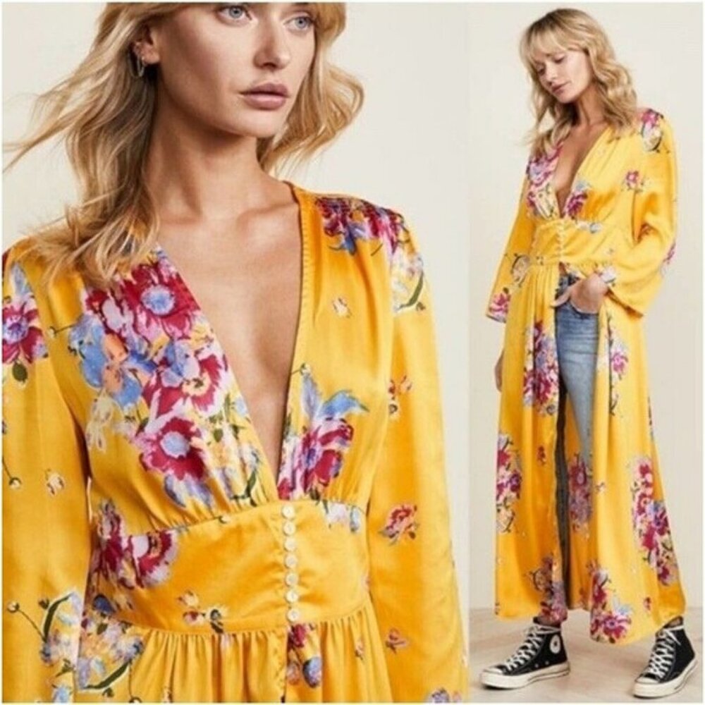 Free People M Kimono Kimona Duster Jacket Alexa Satin Yellow Floral Maxi Dress